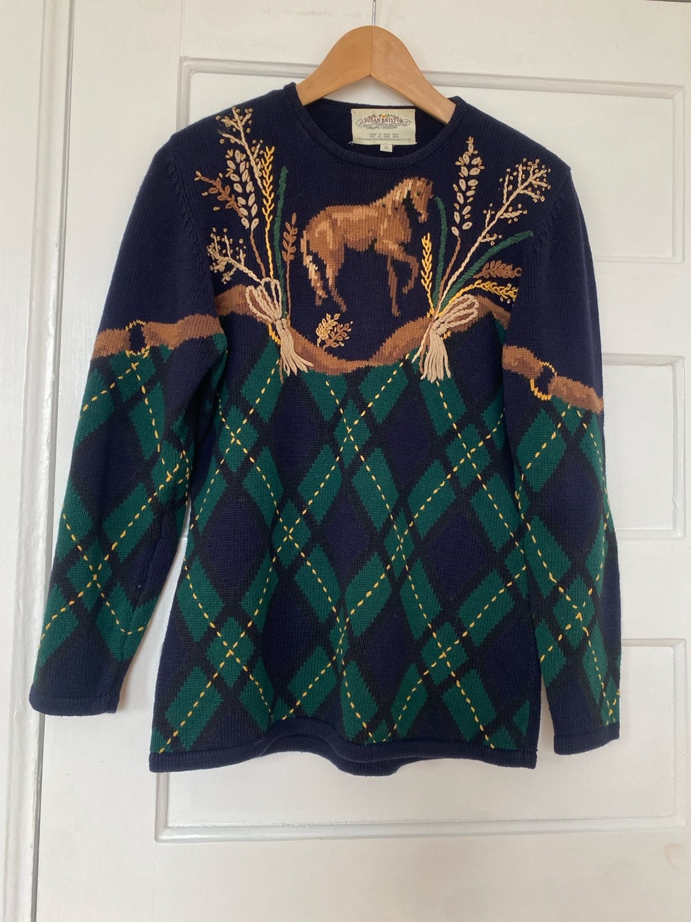 Vintage Susan Bristol Equestrian Horse Argyle Knit Sweater Size small